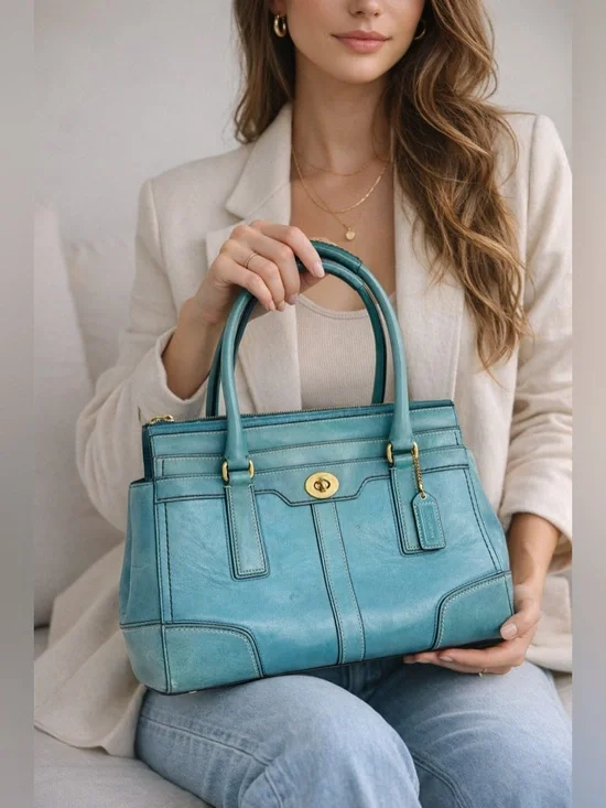 Coach Hampton Carry All Leather Satchel Handbag Turquoise Blue 11047-April 2007 - Picture 16 of 16